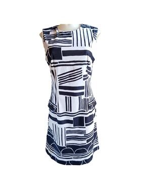 Vtg 1960s Mod Geometric Print Sheath Dress S 6/8 Jackie O Retro Twiggy Shift Tee